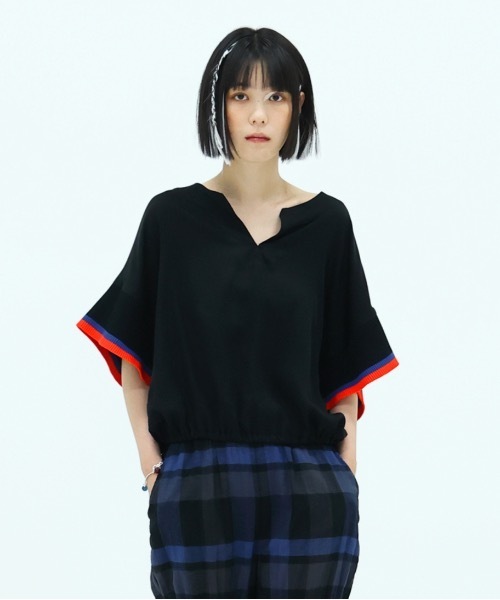 ブラウス シャツ Rib sleeve short blouse レディース メンズ