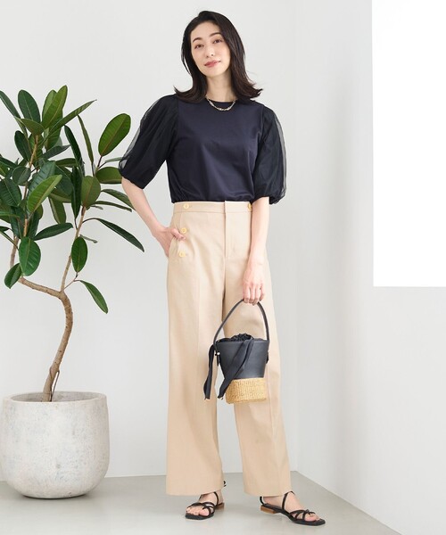 tシャツ 「洗える」シアーコンビパフスリーブ カットソー レディース 自由区 tシャツ 「洗える」シアーコンビパフスリーブ カットソー