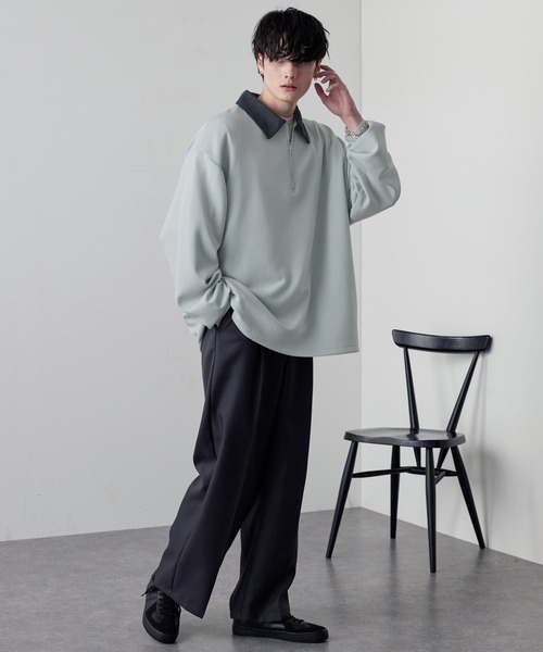 MONO-MART tシャツ ハーフジップクレリックカラー ハイポンチ