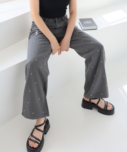 Ulysses ラインストーン付きデニムパンツ モカ ズボン ラメ ハイウエスト Ulysses ラインストーン付きデニムパンツ モカ ズボン ラメ ハイ