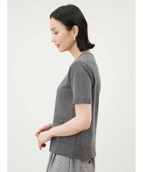 ニット 金釦ポケットデザイン5分袖ニットプルオーバー レディース  
