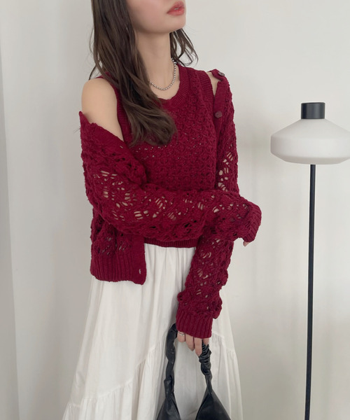 qualite カリテ　かぎ編み 風 ノースリーブ ニット メッシュ レース　F カリテ qualite かぎ針風ノースリーブニット （ブラック