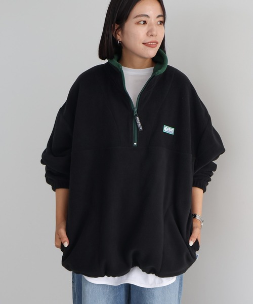 ブラック＆ホワイト フリース ハーフジップ リブラメ プルオーバー レディース AMERICAN HOLIC（アメリカンホリック） トップス Discus/ハーフZIP