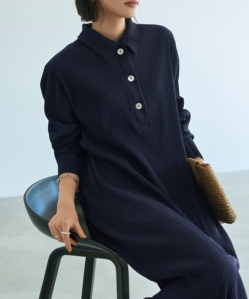 STYLE DELI ワンピース プリーツ加工襟付き長袖ワンピース