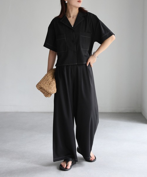 ニット セットアップ 半袖トップス ロングパンツ スリット 配色 ニット セットアップ 半袖トップス ロングパンツ スリット 配色