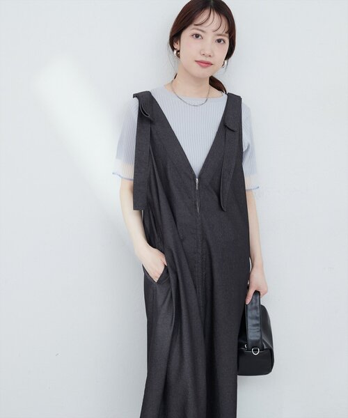 natural couture ワンピース 「mamamo」肩リボンデニムライク