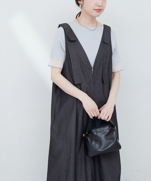 natural couture ワンピース 「mamamo」肩リボンデニムライク