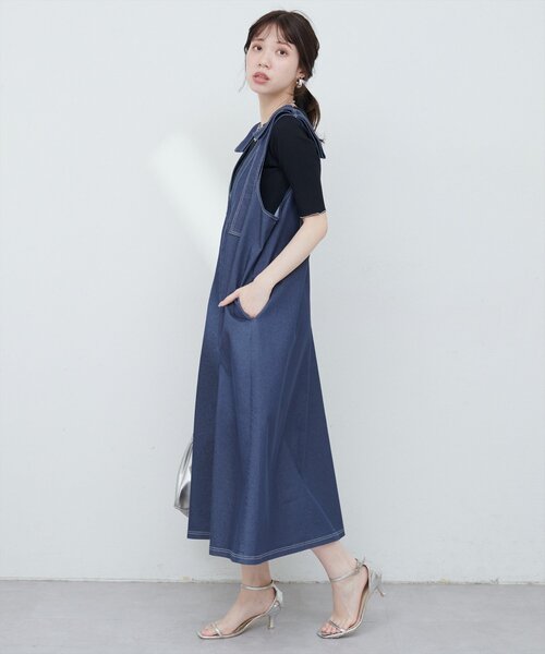 natural couture ワンピース 「mamamo」肩リボンデニムライク