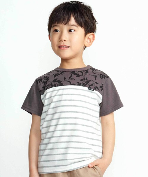 BeBe（ベベ） tシャツ リーフ柄ボーダー切り替え天竺半袖Tシャツ(90 