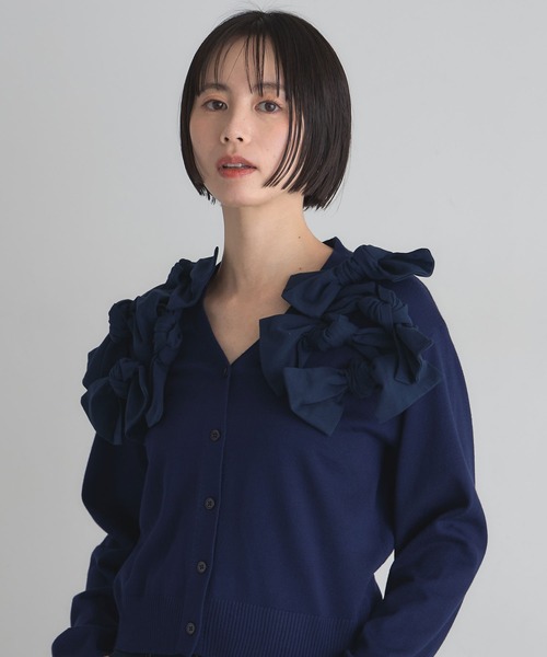 〖未使用に近い・新品同様〗上質生地 リボン カーディガン セール】前後2WAYショート丈フリンジリボンカーディガン（カーディガン