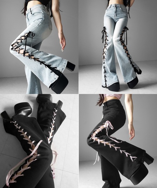 ジーンズ デニム デニムパンツ 「 ２color／４size 」サテンリボンレースアップカットアウトストレッチフレアデニム ／ satin ribbon laceup cutout stret… | me+em select | 04