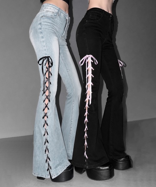 ジーンズ デニム デニムパンツ 「 ２color／４size 」サテンリボンレースアップカットアウトストレッチフレアデニム ／ satin ribbon laceup cutout stret… | me+em select | 07