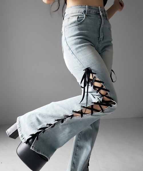 ジーンズ デニム デニムパンツ 「 ２color／４size 」サテンリボンレースアップカットアウトストレッチフレアデニム ／ satin ribbon laceup cutout stret… | me+em select | 10