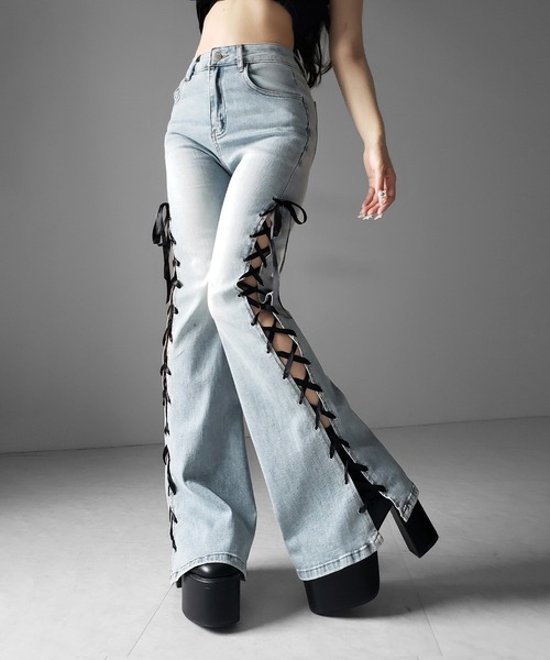 ジーンズ デニム デニムパンツ 「 ２color／４size 」サテンリボンレースアップカットアウトストレッチフレアデニム ／ satin ribbon laceup cutout stret… | me+em select | 20
