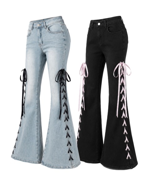 ジーンズ デニム デニムパンツ 「 ２color／４size 」サテンリボンレースアップカットアウトストレッチフレアデニム ／ satin ribbon laceup cutout stret… | me+em select | 03