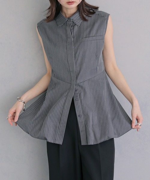 ブラウス シャツ 夏 「＆ｇ'aime 」ノースリーブストライプペプラムシャツ　Sleeveless Striped Peplum Shirt レディース | &g'aime | 16
