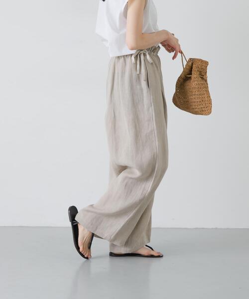 かぐれ ワイドパンツ パンツ ウエストギャザーリネンパンツ レディース