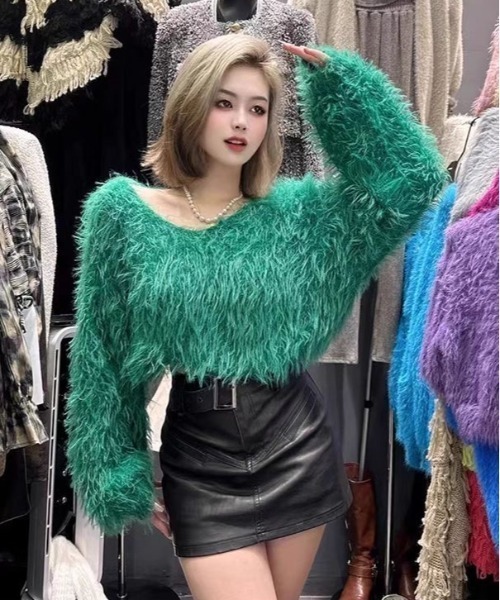 Achic ニット セーター ふわふわ 暖かい ニットトップス 長袖