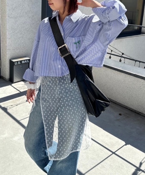 ストライプビックリボンルーズショートシャツ