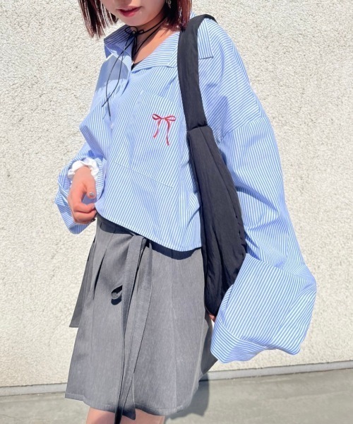 nemne シャツ ブラウス リボンモチーフ刺繍アソートストライプショート 