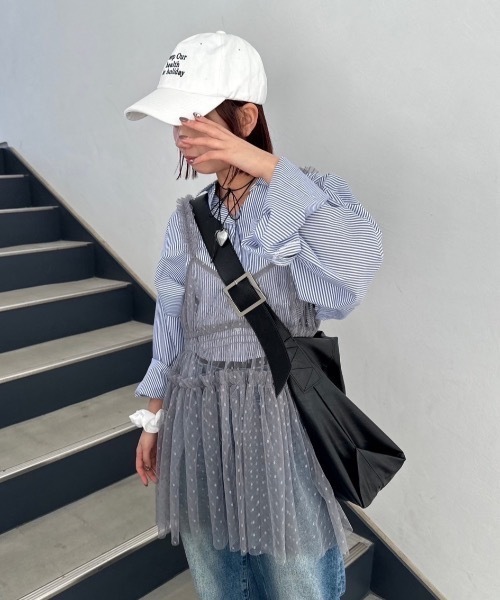 nemne シャツ ブラウス リボンモチーフ刺繍アソートストライプショート 