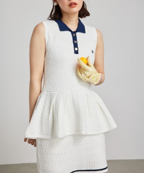 ニット セーター 「RIENDA GOLF」シャイニーツイードペプラムニットトップス 夏服 サマーニット ノースリーブトップス レディース