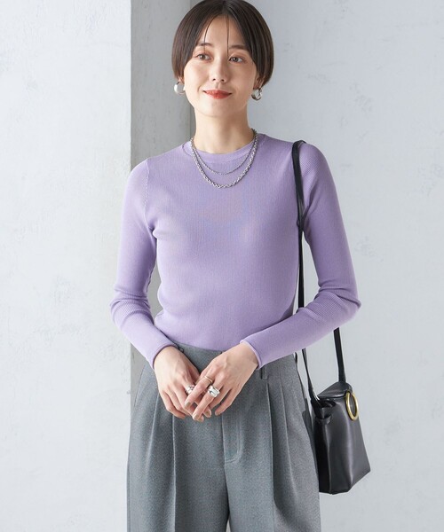 薄紫セーター　使用歴あり セール】 *〈手洗い可能〉ヤクフィール袖配色ニットプルオーバー