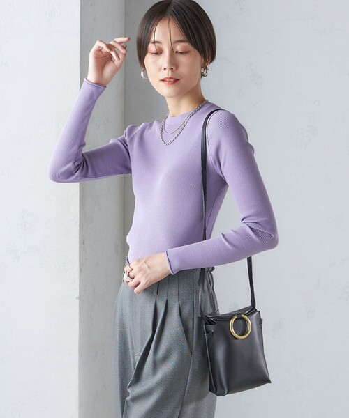 薄紫セーター　使用歴あり セール】 *〈手洗い可能〉ヤクフィール袖配色ニットプルオーバー