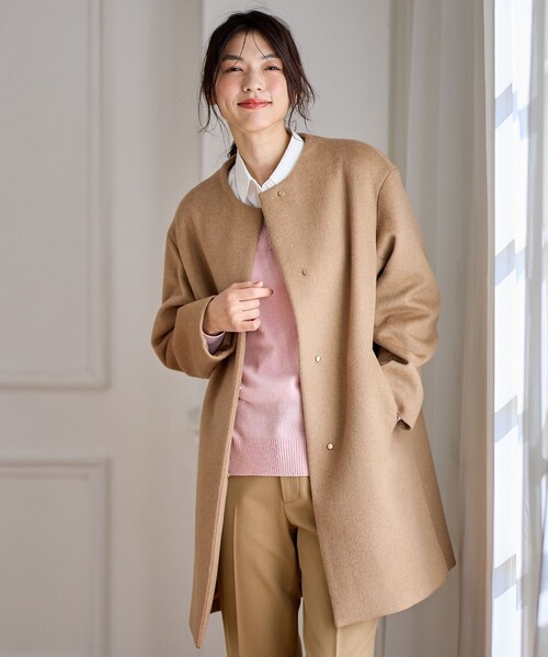 ANY（エニィ） ノーカラーコート コート 「防風裏地」カシミヤブレンド