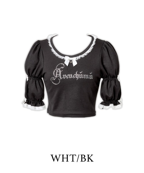 tシャツ Rhinestone logo puff sleeve tops レディース