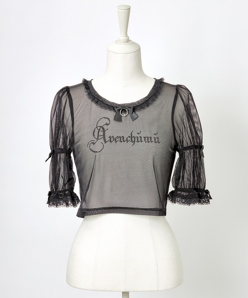 AVENCHUMU tシャツ 半袖 Rhinestone logo puff sleeve tops レディース 