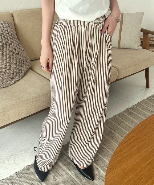 OURHOME 綿100%ストライプ柄セミワイドパンツ 綿100%ストライプ柄セミワイドパンツ – OURHOME