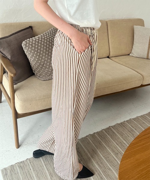 OURHOME 綿100%ストライプ柄セミワイドパンツ 綿100%ストライプ柄セミワイドパンツ – OURHOME