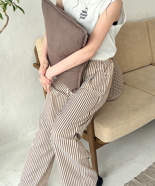 OURHOME 綿100%ストライプ柄セミワイドパンツ 綿100%ストライプ柄セミワイドパンツ – OURHOME