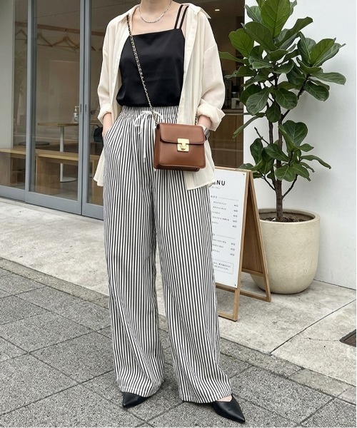 ワイドパンツ パンツ ストライプセミワイドパンツ イージーパンツ