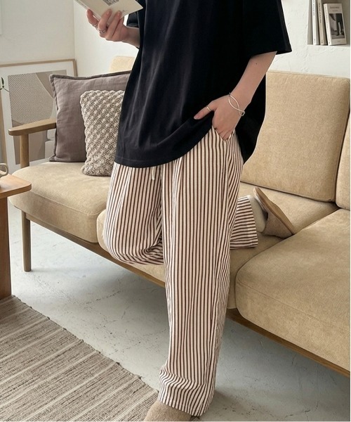 ワイドパンツ パンツ ストライプセミワイドパンツ イージーパンツ