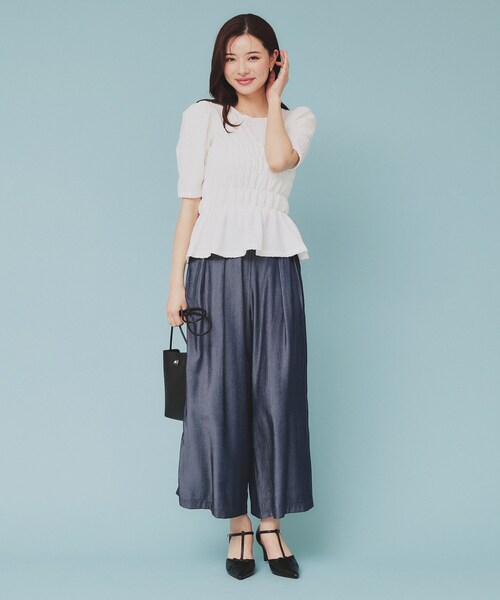 index tシャツ シャーリングペプラムトップス「洗濯機洗い可