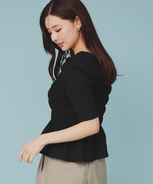 index tシャツ シャーリングペプラムトップス「洗濯機洗い可