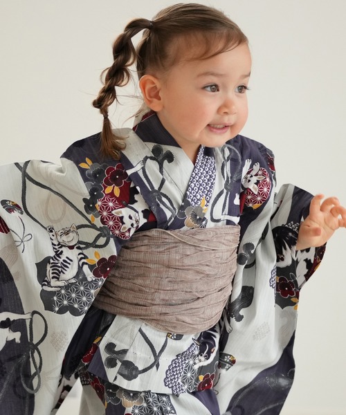 utatane 浴衣 キッズ浴衣3点セット ニコアンティーク 染め分け灰紫に
