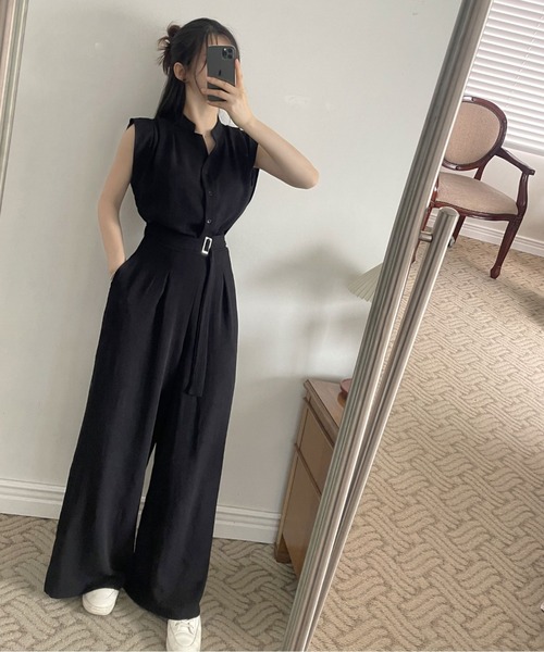 セットアップノースリーブトップス ワイドレッグパンツ ノースリーブトップス+ワイドレッグパンツセットアップ
