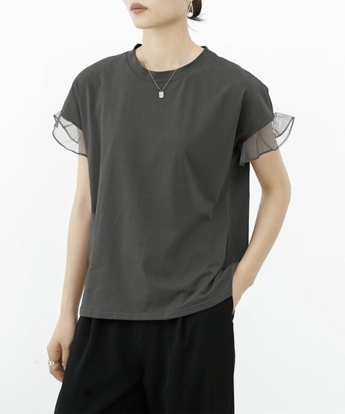 tシャツ 着回し力抜群なチュールフリル袖Tシャツ レディース