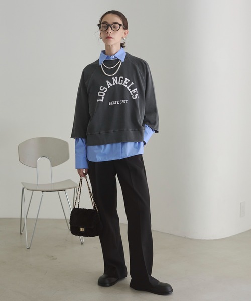 ANGIE トレーナー スウェット カレッジロゴ 7分袖 カットオフ