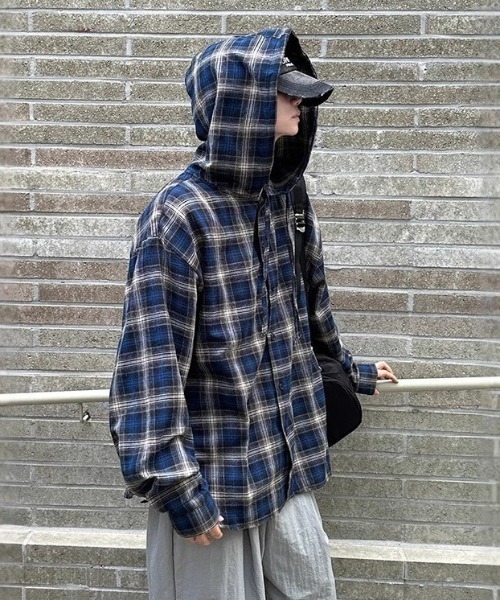 lilful シャツ 「25年秋冬新作」フーデッドチェックビッグシルエット