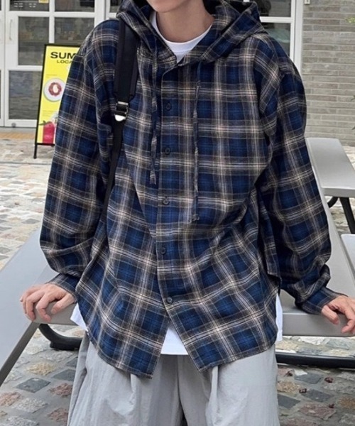 lilful シャツ 「25年秋冬新作」フーデッドチェックビッグシルエット
