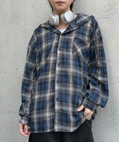 lilful シャツ フーデッドチェックビッグシルエットシャツ メンズ