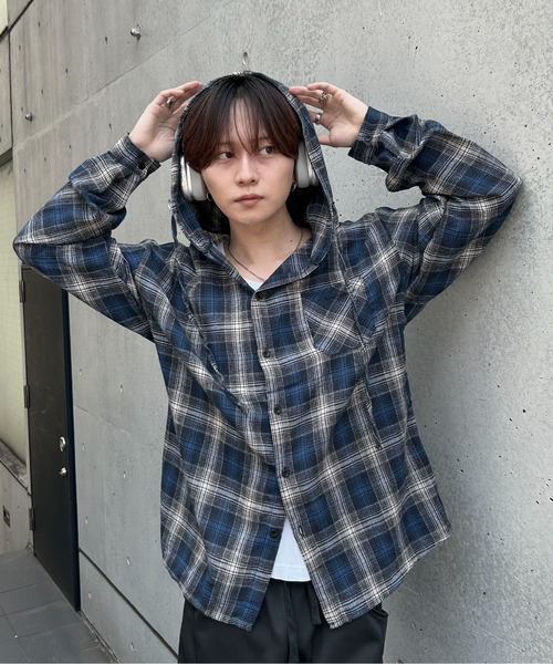 lilful シャツ 「25年秋冬新作」フーデッドチェックビッグシルエット