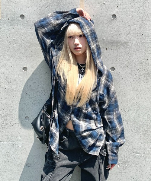 lilful シャツ 「25年秋冬新作」フーデッドチェックビッグシルエット