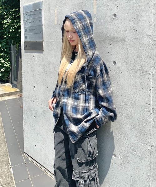 lilful シャツ 「25年秋冬新作」フーデッドチェックビッグシルエット