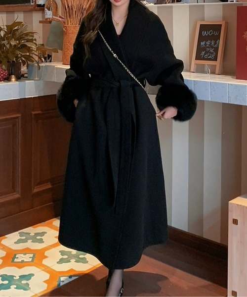 ノーカラーコート コート エコファーカフス付きウエストリボンロング