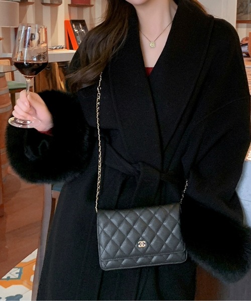 ノーカラーコート コート エコファーカフス付きウエストリボンロング